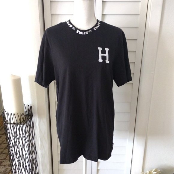Huf black‎ T-shirt with H on front and logo around neckline Sz L - Picture 1 of 7
